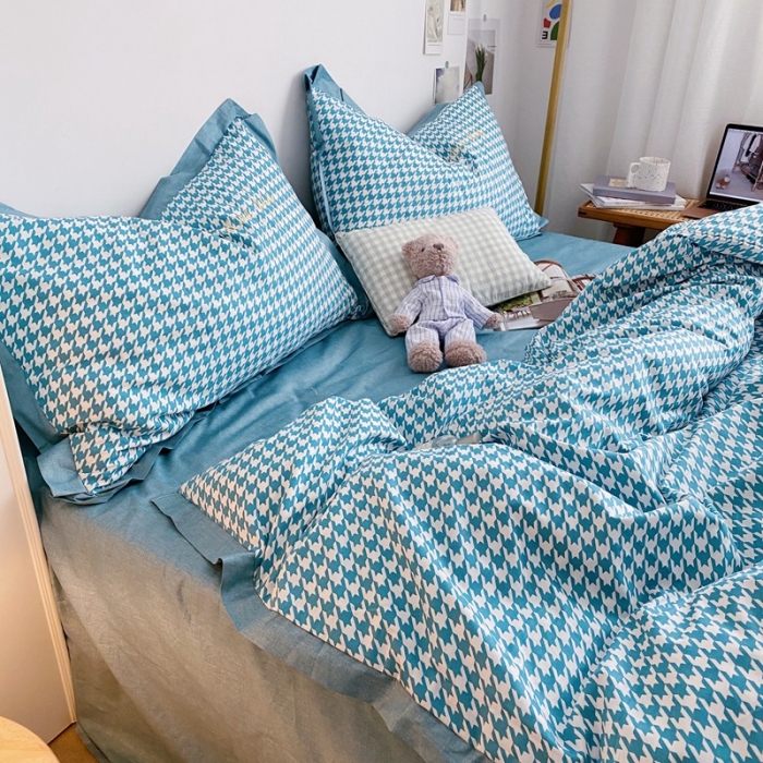 91家纺网 家纺一手货源 找家纺 星期八 2021新款13372千鸟格刺绣四件套 千鸟格蓝