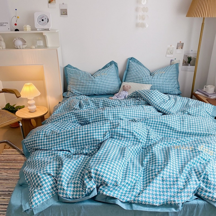 91家纺网 家纺一手货源 找家纺 星期八 2021新款13372千鸟格刺绣四件套 千鸟格蓝