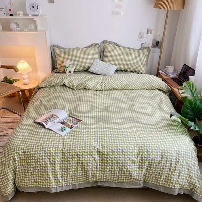 91家纺网 家纺一手货源 找家纺 星期八 2021新款13372千鸟格刺绣四件套 千鸟格绿