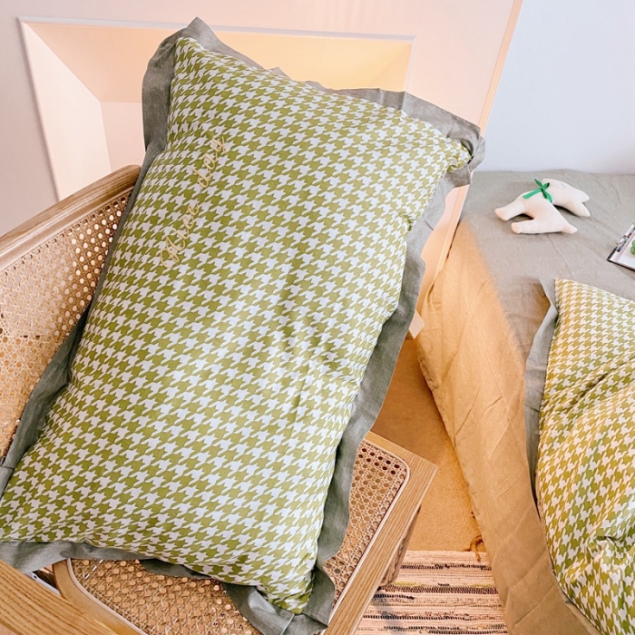 91家纺网 家纺一手货源 找家纺 星期八 2021新款13372千鸟格刺绣四件套 千鸟格绿