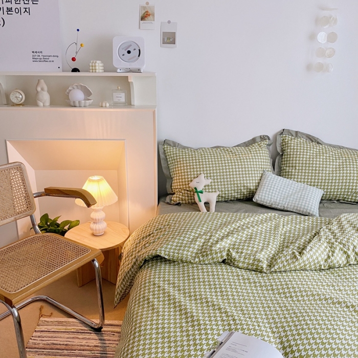 91家纺网 家纺一手货源 找家纺 星期八 2021新款13372千鸟格刺绣四件套 千鸟格绿