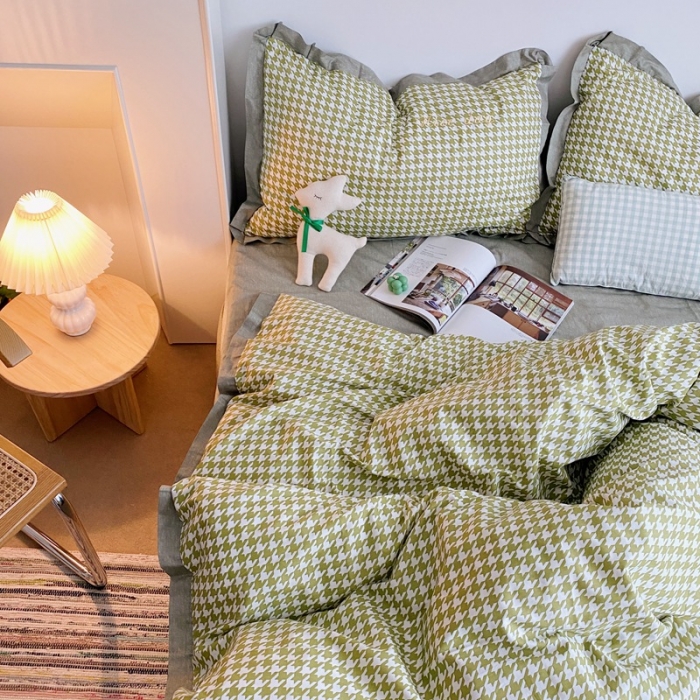 91家纺网 家纺一手货源 找家纺 星期八 2021新款13372千鸟格刺绣四件套 千鸟格绿