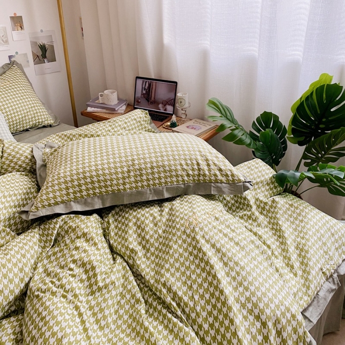 91家纺网 家纺一手货源 找家纺 星期八 2021新款13372千鸟格刺绣四件套 千鸟格绿