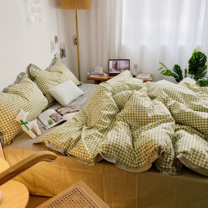 91家纺网 家纺一手货源 找家纺 星期八 2021新款13372千鸟格刺绣四件套 千鸟格绿