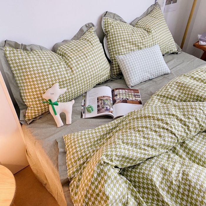 91家纺网 家纺一手货源 找家纺 星期八 2021新款13372千鸟格刺绣四件套 千鸟格绿