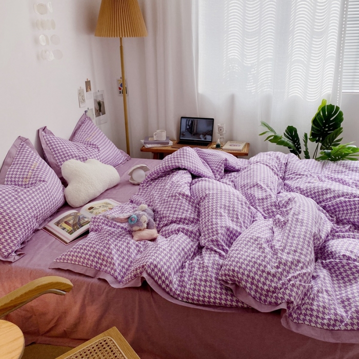 91家纺网 家纺一手货源 找家纺 星期八 2021新款13372千鸟格刺绣四件套 千鸟格紫