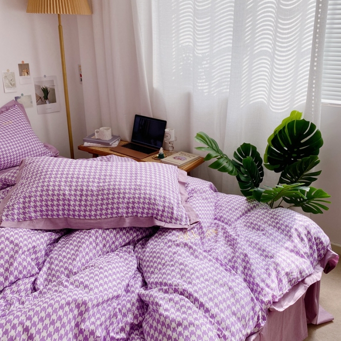 91家纺网 家纺一手货源 找家纺 星期八 2021新款13372千鸟格刺绣四件套 千鸟格紫