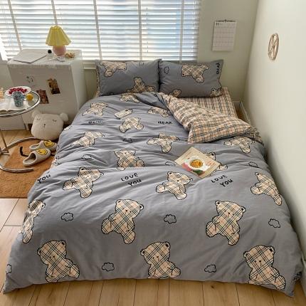 91家纺网 家纺一手货源 找家纺 希文 2021新款全棉卡通小资系列四件套 泰迪熊-灰