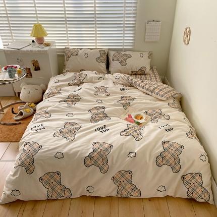 91家纺网 家纺一手货源 找家纺 希文 2021新款全棉卡通小资系列四件套 泰迪熊-米