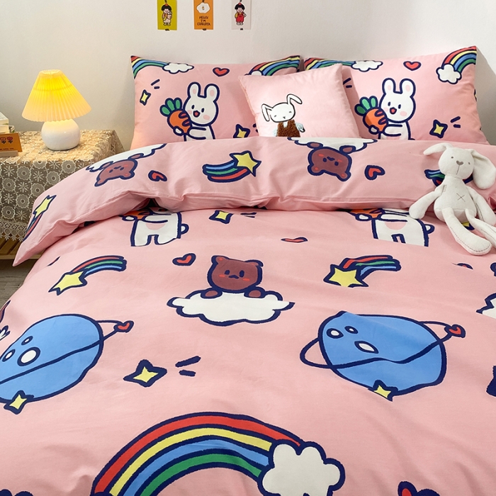 91家纺网 家纺一手货源 找家纺 珺柔家纺 2021新款全棉印花四件套 彩虹萝卜兔