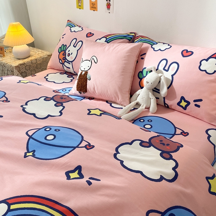 91家纺网 家纺一手货源 找家纺 珺柔家纺 2021新款全棉印花四件套 彩虹萝卜兔