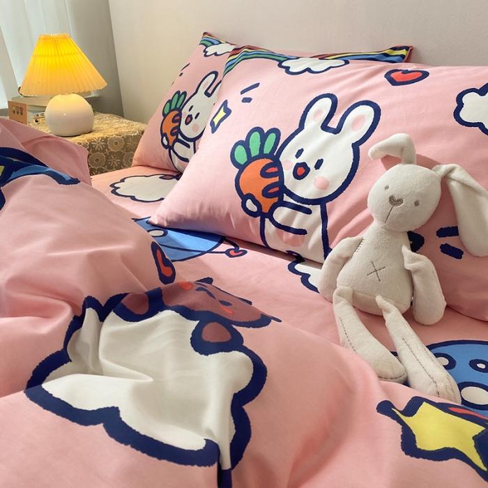 91家纺网 家纺一手货源 找家纺 珺柔家纺 2021新款全棉印花四件套 彩虹萝卜兔