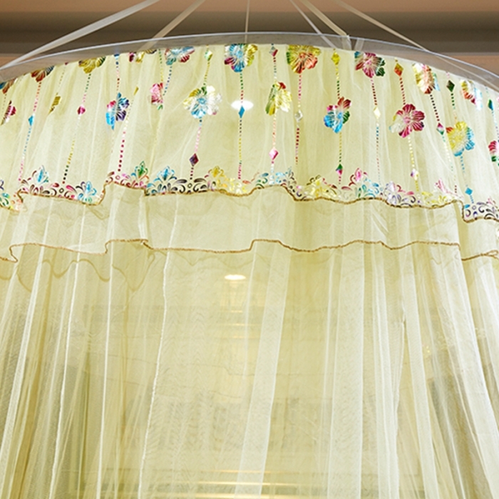 91家纺网 家纺一手货源 找家纺 博诺蚊帐 2021新款圆顶蚊帐-七彩曼舞 黄色