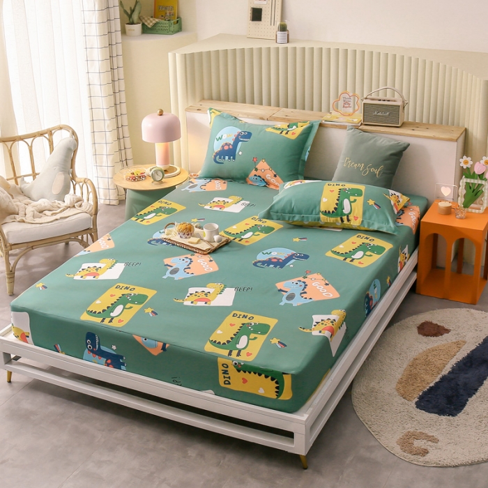 91家纺网 家纺一手货源 找家纺 绵庭 2021新款全棉12868单床笠 恐龙家族（绿）