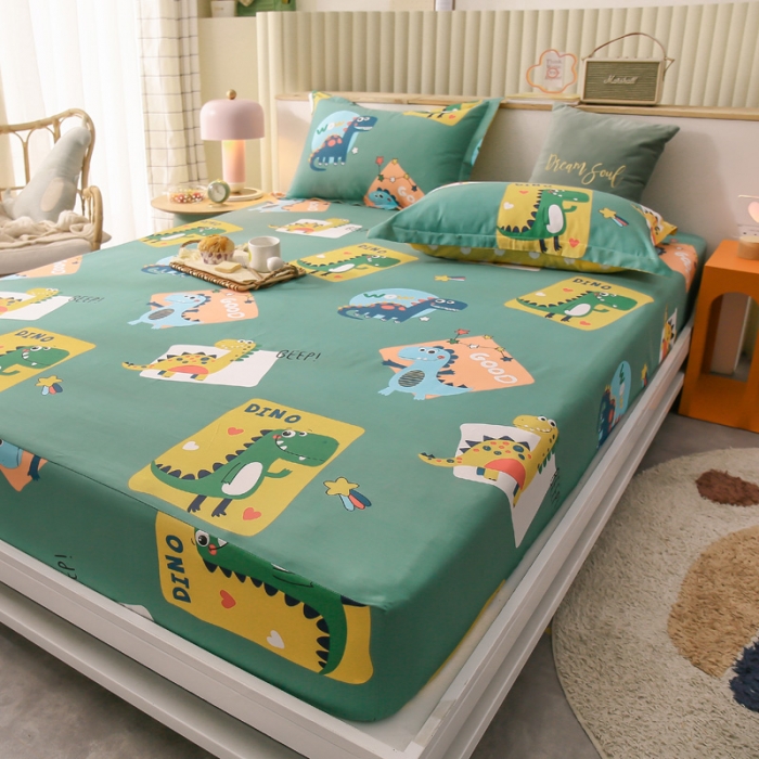 91家纺网 家纺一手货源 找家纺 绵庭 2021新款全棉12868单床笠 恐龙家族（绿）