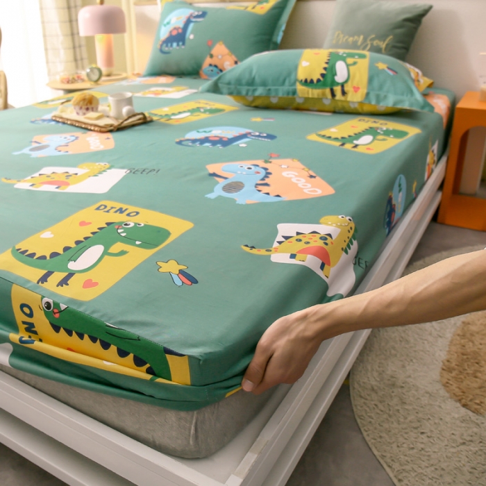 91家纺网 家纺一手货源 找家纺 绵庭 2021新款全棉12868单床笠 恐龙家族（绿）