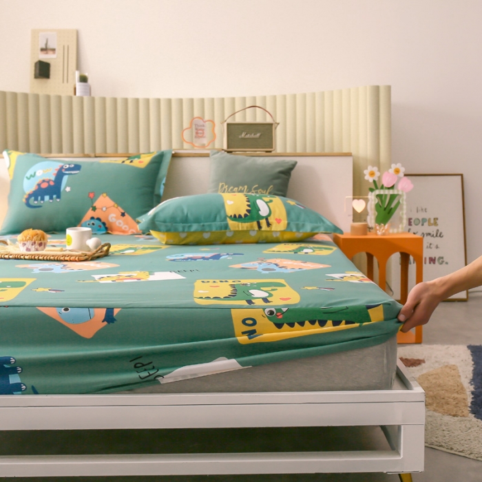 91家纺网 家纺一手货源 找家纺 绵庭 2021新款全棉12868单床笠 恐龙家族（绿）