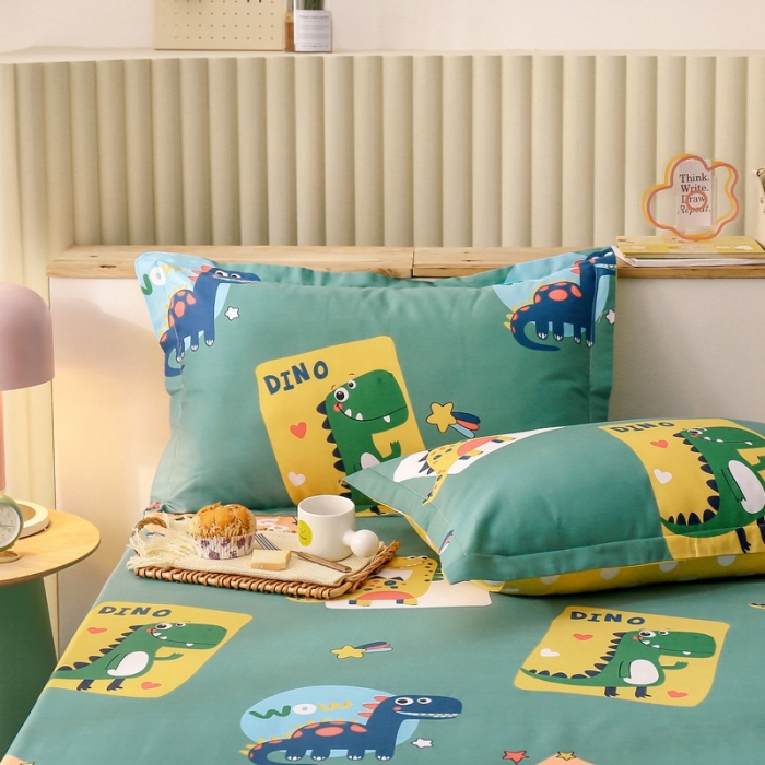 91家纺网 家纺一手货源 找家纺 绵庭 2021新款全棉12868单枕套 恐龙家族（绿）