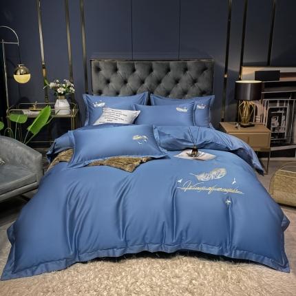 91家纺网 家纺一手货源 找家纺 衿成正宗13372全棉喷气织造宽边羽毛绣花被套四件套宝石蓝