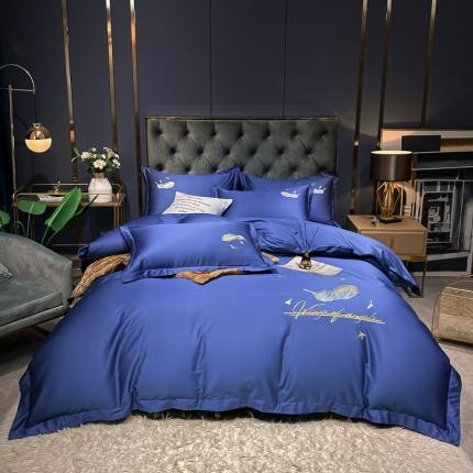 91家纺网 家纺一手货源 找家纺 衿成 全棉13372喷气织造宽边羽毛绣花被套纯棉四件套亦凡蓝