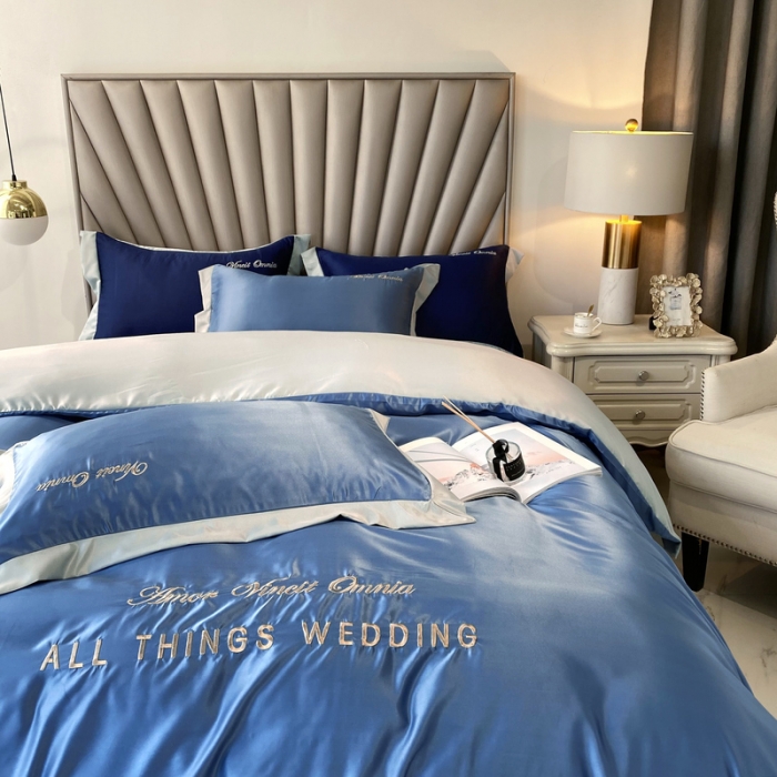 91家纺网 家纺一手货源 找家纺 优悦 2024新款水洗真丝四件套永恒-宾利蓝