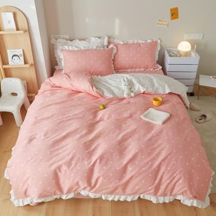 91家纺网 家纺一手货源 找家纺 沐棉家居2022年新款全棉印花13372荷叶边系列四件套直播爆款 爱心-粉