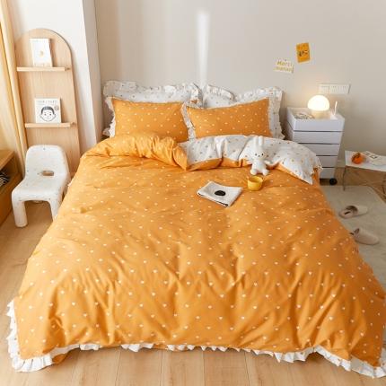 91家纺网 家纺一手货源 找家纺 沐棉家居2022年新款全棉印花13372荷叶边系列四件套直播爆款 爱心-桔