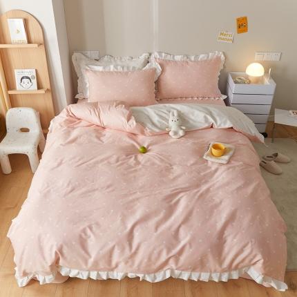 91家纺网 家纺一手货源 找家纺 沐棉家居2022年新款全棉印花13372荷叶边系列四件套直播爆款 爱心-玉