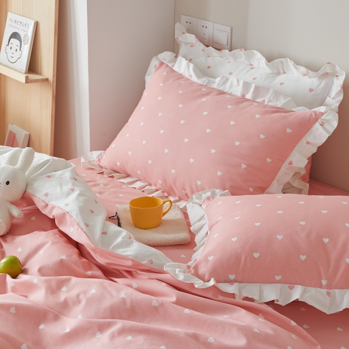 91家纺网 家纺一手货源 找家纺 沐棉家居2022年新款全棉印花13372荷叶边系列四件套直播爆款 爱心-粉