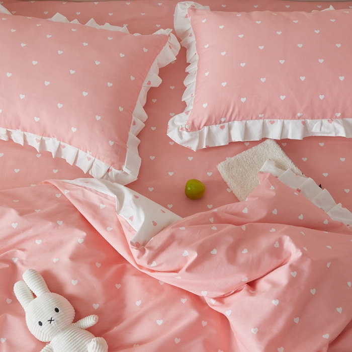 91家纺网 家纺一手货源 找家纺 沐棉家居2022年新款全棉印花13372荷叶边系列四件套直播爆款 爱心-粉