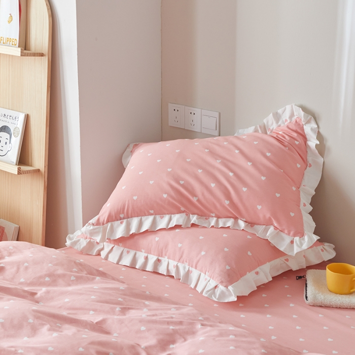 91家纺网 家纺一手货源 找家纺 沐棉家居2022年新款全棉印花13372荷叶边系列四件套直播爆款 爱心-粉