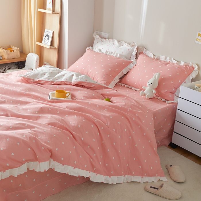 91家纺网 家纺一手货源 找家纺 沐棉家居2022年新款全棉印花13372荷叶边系列四件套直播爆款 爱心-粉