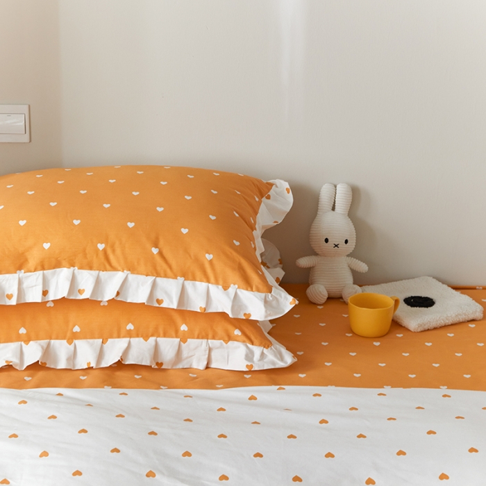 91家纺网 家纺一手货源 找家纺 沐棉家居2022年新款全棉印花13372荷叶边系列四件套直播爆款 爱心-桔