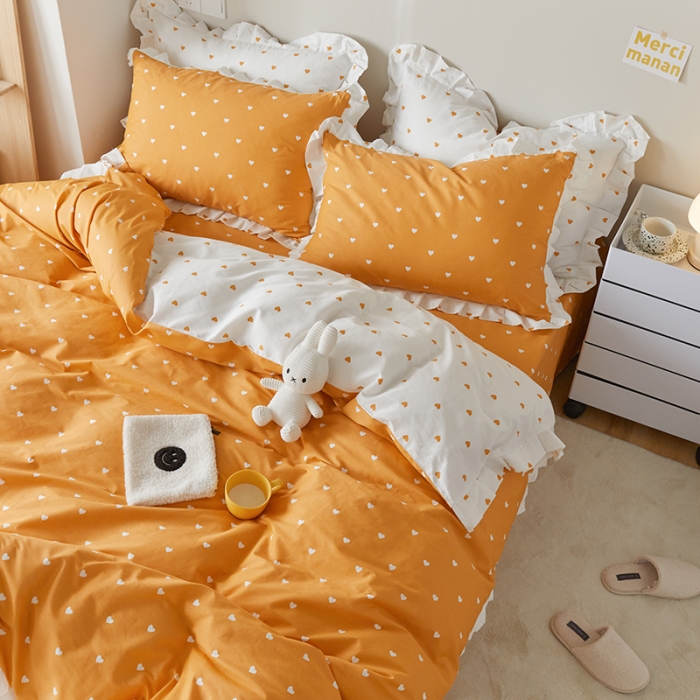 91家纺网 家纺一手货源 找家纺 沐棉家居2022年新款全棉印花13372荷叶边系列四件套直播爆款 爱心-桔