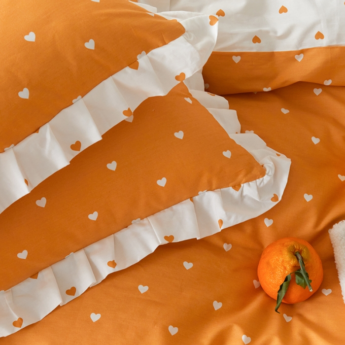 91家纺网 家纺一手货源 找家纺 沐棉家居2022年新款全棉印花13372荷叶边系列四件套直播爆款 爱心-桔