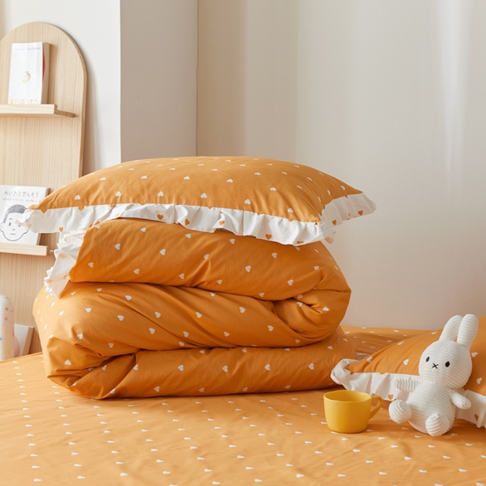 91家纺网 家纺一手货源 找家纺 沐棉家居2022年新款全棉印花13372荷叶边系列四件套直播爆款 爱心-桔