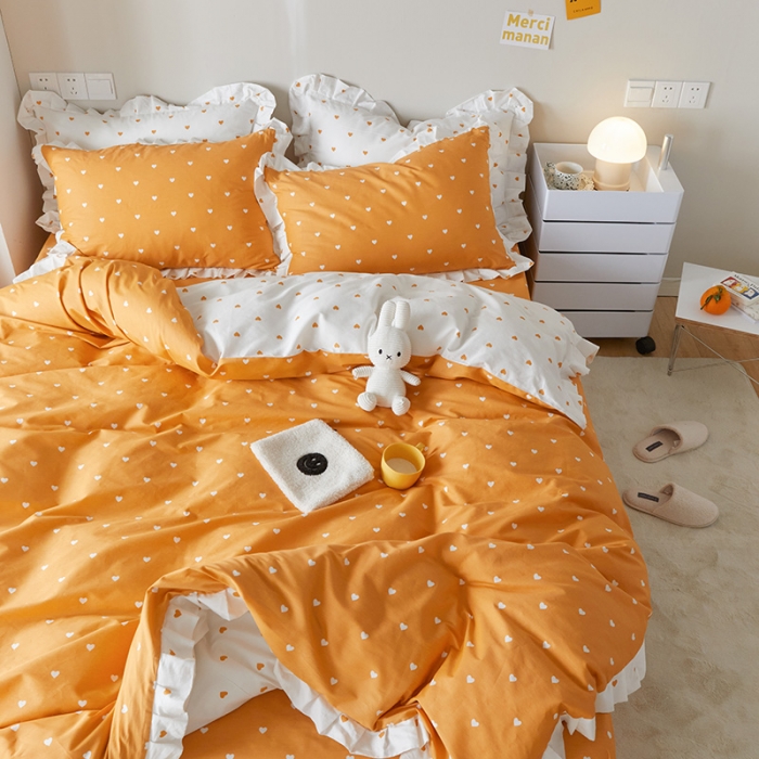 91家纺网 家纺一手货源 找家纺 沐棉家居2022年新款全棉印花13372荷叶边系列四件套直播爆款 爱心-桔