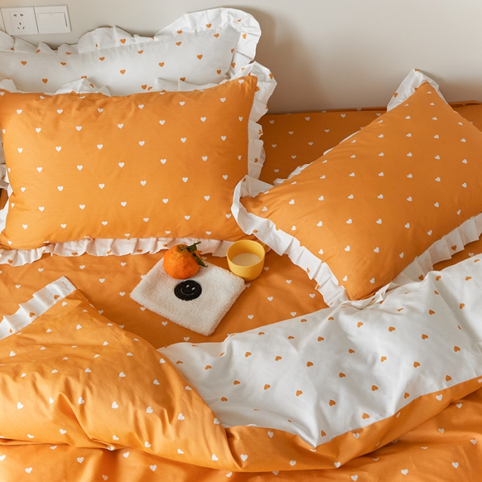 91家纺网 家纺一手货源 找家纺 沐棉家居2022年新款全棉印花13372荷叶边系列四件套直播爆款 爱心-桔