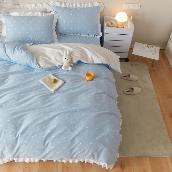 91家纺网 家纺一手货源 找家纺 沐棉家居2022年新款全棉印花13372荷叶边系列四件套直播爆款 爱心-蓝