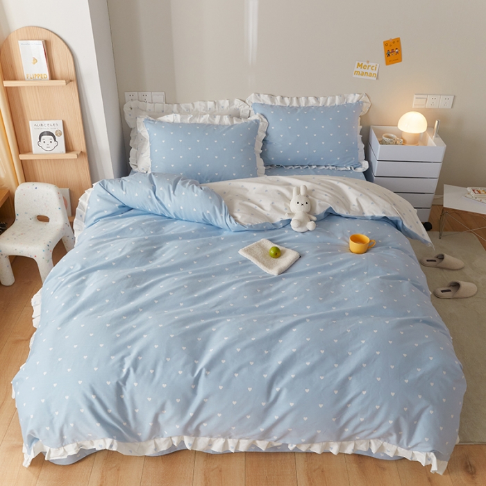 91家纺网 家纺一手货源 找家纺 沐棉家居2022年新款全棉印花13372荷叶边系列四件套直播爆款 爱心-蓝