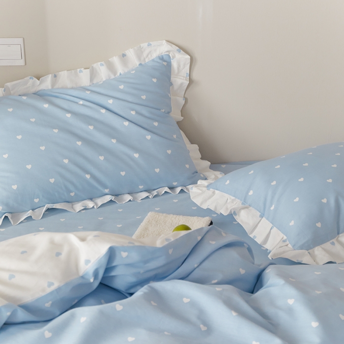91家纺网 家纺一手货源 找家纺 沐棉家居2022年新款全棉印花13372荷叶边系列四件套直播爆款 爱心-蓝