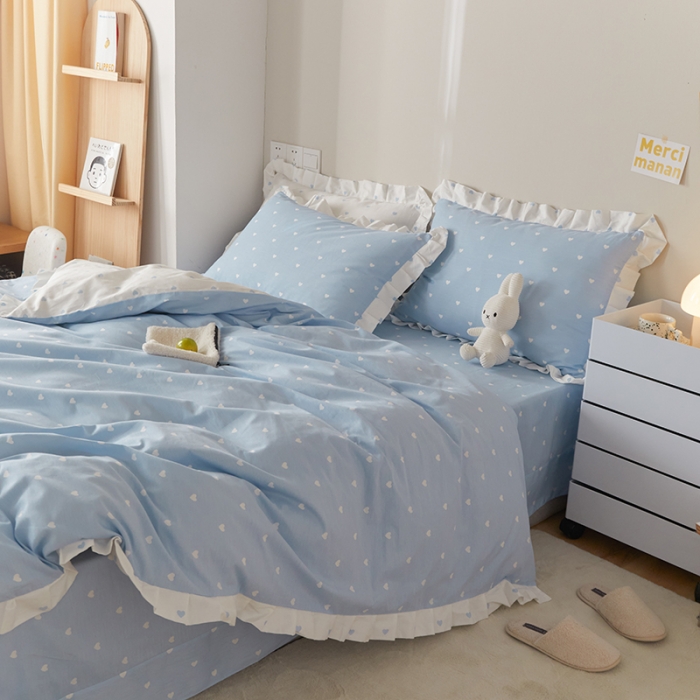 91家纺网 家纺一手货源 找家纺 沐棉家居2022年新款全棉印花13372荷叶边系列四件套直播爆款 爱心-蓝