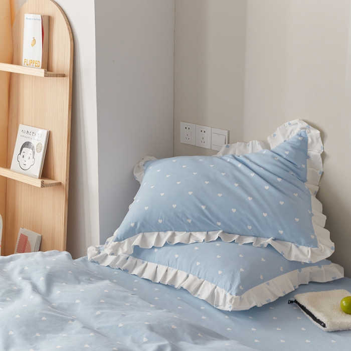 91家纺网 家纺一手货源 找家纺 沐棉家居2022年新款全棉印花13372荷叶边系列四件套直播爆款 爱心-蓝