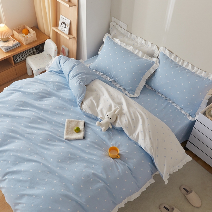 91家纺网 家纺一手货源 找家纺 沐棉家居2022年新款全棉印花13372荷叶边系列四件套直播爆款 爱心-蓝