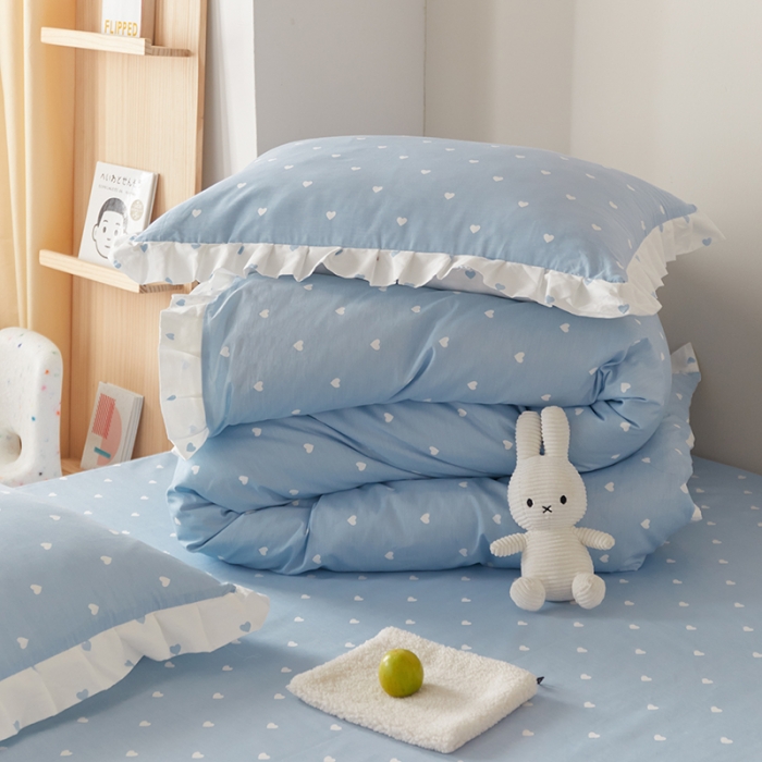 91家纺网 家纺一手货源 找家纺 沐棉家居2022年新款全棉印花13372荷叶边系列四件套直播爆款 爱心-蓝