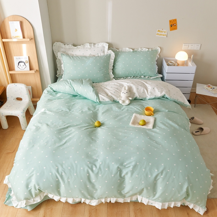 91家纺网 家纺一手货源 找家纺 沐棉家居2022年新款全棉印花13372荷叶边系列四件套直播爆款 爱心-绿