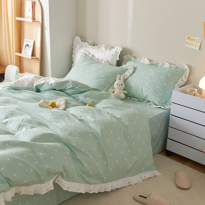 91家纺网 家纺一手货源 找家纺 沐棉家居2022年新款全棉印花13372荷叶边系列四件套直播爆款 爱心-绿