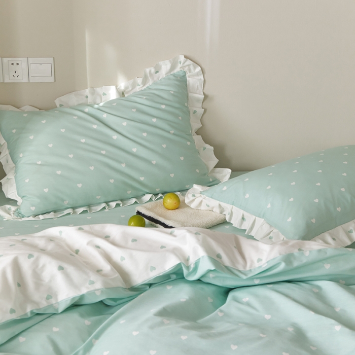 91家纺网 家纺一手货源 找家纺 沐棉家居2022年新款全棉印花13372荷叶边系列四件套直播爆款 爱心-绿