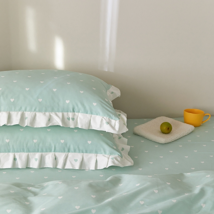 91家纺网 家纺一手货源 找家纺 沐棉家居2022年新款全棉印花13372荷叶边系列四件套直播爆款 爱心-绿