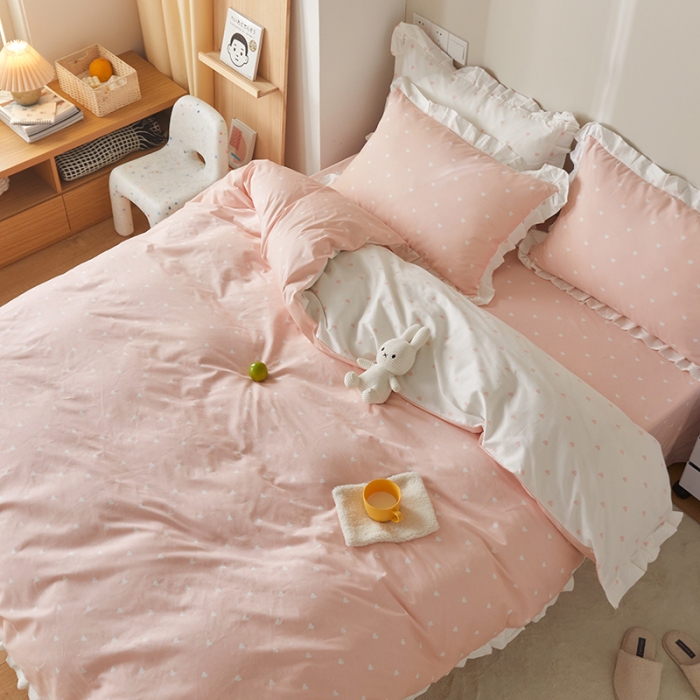 91家纺网 家纺一手货源 找家纺 沐棉家居2022年新款全棉印花13372荷叶边系列四件套直播爆款 爱心-玉